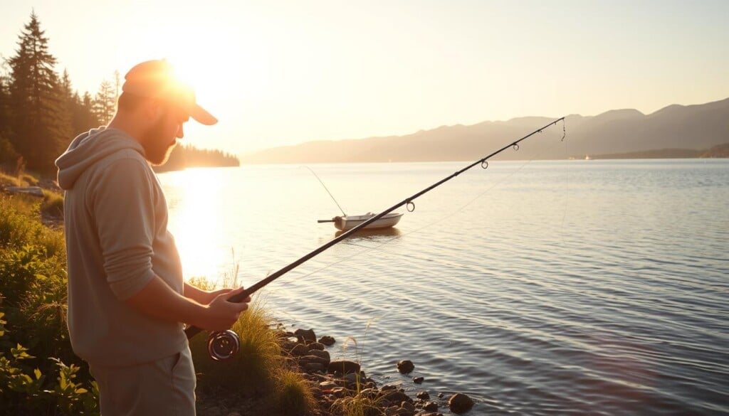 A serene lakeside setting, the sun's golden glow casting a warm embrace over a novice angler intently focused on their line. In the foreground, a simple yet elegant fishing rod extends from the shore, the reel poised for the next gentle cast. Surrounding the angler, lush greenery and tranquil waters create a peaceful, inviting atmosphere, perfect for learning the art of fishing. The middle ground features a small rowboat, moored nearby, a testament to the tranquility of the scene. In the distance, a picturesque mountain range rises, its peaks bathed in the soft, diffused light, completed by a cloudless sky that stretches endlessly above.