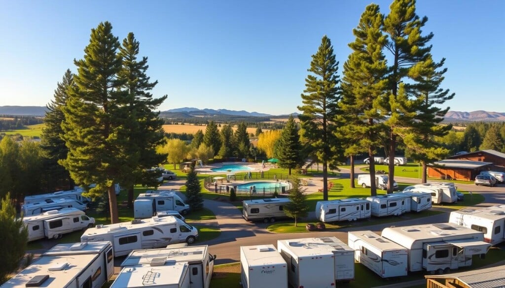 A serene landscape of well-maintained RV parks nestled amidst lush, verdant surroundings. In the foreground, neatly aligned RVs of various sizes and models, their sleek exteriors shimmering under the warm, golden sunlight. Towering pine trees and manicured lawns frame the scene, creating a picturesque backdrop. In the middle ground, communal areas with amenities such as swimming pools, playgrounds, and picnic tables, inviting visitors to relax and enjoy the outdoor experience. The background features rolling hills, distant mountains, and a clear, azure sky, conveying a sense of tranquility and natural beauty. The entire scene exudes a welcoming, family-friendly atmosphere, showcasing the top-rated RV parks that offer an exceptional camping experience.