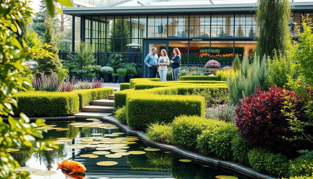 A serene landscape showcasing a professional garden design service. In the foreground, a tranquil koi pond reflects the surrounding foliage. Lush, manicured flowerbeds and neatly trimmed hedges create a harmonious composition. Stepping stones lead the eye through the scene, inviting exploration. In the middle ground, a team of skilled horticulturists consult with a customer, discussing plant selections and layout options. The background features a contemporary, glass-walled nursery showroom, bathed in warm, natural lighting. The overall atmosphere evokes a sense of expertise, creativity, and dedication to crafting exceptional outdoor spaces.