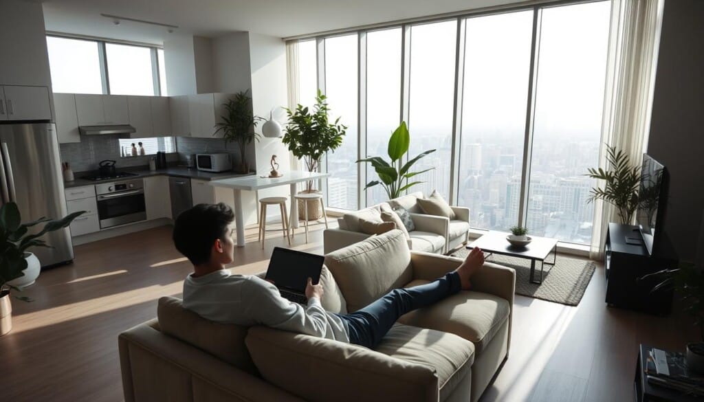 A serene, light-filled condominium interior with expansive floor-to-ceiling windows overlooking a bustling cityscape. The open-concept living area features modern, minimalist furnishings in neutral tones, accented by lush indoor plants. A cozy reading nook sits adjacent to the kitchen, which is equipped with high-end stainless steel appliances. In the foreground, a young professional relaxes on a plush sofa, laptop in hand, taking advantage of the unit's ample natural light and cityscape views. The overall atmosphere conveys a sense of urban tranquility and the benefits of condominium living.