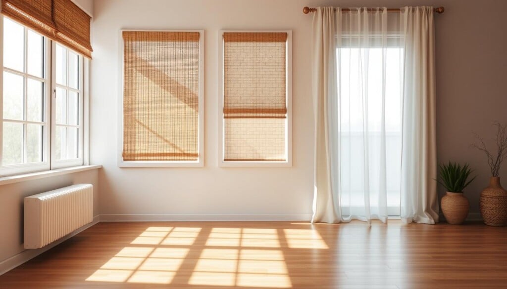 A serene, minimalist home setting showcasing a selection of eco-friendly window shades. In the foreground, a beautifully crafted bamboo roller shade gently filters the natural light, casting warm, earthy tones on the polished wood floors. In the middle ground, a linen-textured cellular shade with a subtle geometric pattern provides efficient insulation. The background highlights a vertical sheer curtain made from sustainable, recycled materials, billowing softly in a gentle breeze. Soft, diffused lighting from large windows illuminates the tranquil scene, emphasizing the natural materials and muted color palette. The overall atmosphere exudes a sense of environmental consciousness and elegant, timeless design.