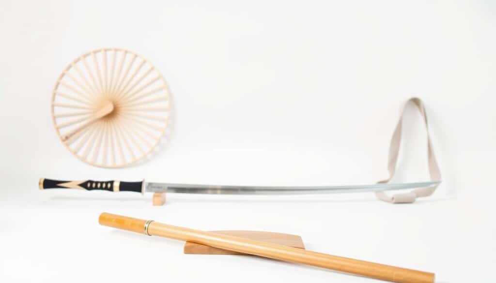 A serene, minimalist still life of Tai Chi equipment against a clean, white background. In the foreground, a polished bamboo staff rests on a simple, wooden platform. In the middle ground, a pair of Tai Chi swords gleam with a subtle sheen, their blades reflecting the soft, natural lighting. In the background, a Tai Chi fan and a pair of lightweight, cloth-wrapped exercise bands add depth and visual interest. The overall composition evokes a sense of balance, tranquility, and the essential tools needed to begin a Tai Chi practice.