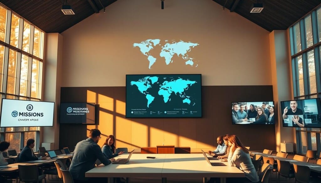 A serene, modern church sanctuary with digital screens displaying missionary organizations' logos and initiatives. Warm, natural lighting filters through large windows, casting a soft glow over the sleek, minimalist interior. In the foreground, a group of people huddle around a central table, laptops and tablets in hand, collaborating on digital mission strategies. The middle ground features a large projection screen displaying an interactive map, highlighting global reach and impact. In the background, a wall-mounted TV showcases videos of missionaries sharing their stories and experiences. An atmosphere of technological innovation and spiritual purpose permeates the scene.