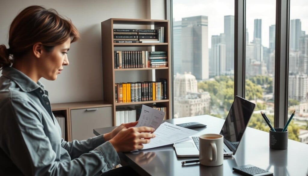 A serene office interior with a large window overlooking a bustling city skyline. In the foreground, a person sitting at a desk, their hands clasped as they review documents related to the charitable giving process through LocalZ. The desk is neatly organized, with a laptop, a mug of coffee, and a pen holder. The middle ground features a bookshelf filled with volumes on philanthropy and nonprofit management. Soft, natural lighting filters in, creating a warm and inviting atmosphere. The background showcases the dynamic urban landscape, with skyscrapers and trees visible through the window, symbolizing the broader impact of the charitable work facilitated by LocalZ.