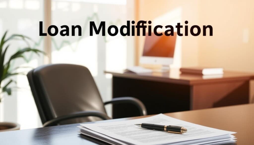A serene office setting with a desk, chair, and computer. On the desk, a stack of documents and a pen, symbolizing the loan modification process. Soft, natural lighting filters through the window, creating a warm, welcoming atmosphere. The background features a financial graph or chart, subtly conveying the financial implications of the loan modification. The overall scene exudes a sense of professionalism, attention to detail, and the potential for positive financial outcomes.
