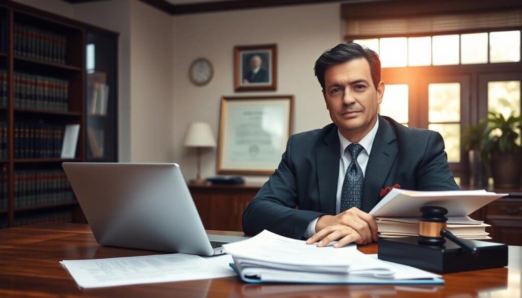 A serene office setting with a large wooden desk, a laptop, and a stack of legal documents. In the background, a bookshelf filled with law books and a framed certificate on the wall. Soft, natural lighting filters through large windows, casting a warm glow over the scene. A professional-looking attorney sits at the desk, expression somber yet compassionate, ready to guide clients through the complex legal landscape of divorce proceedings.