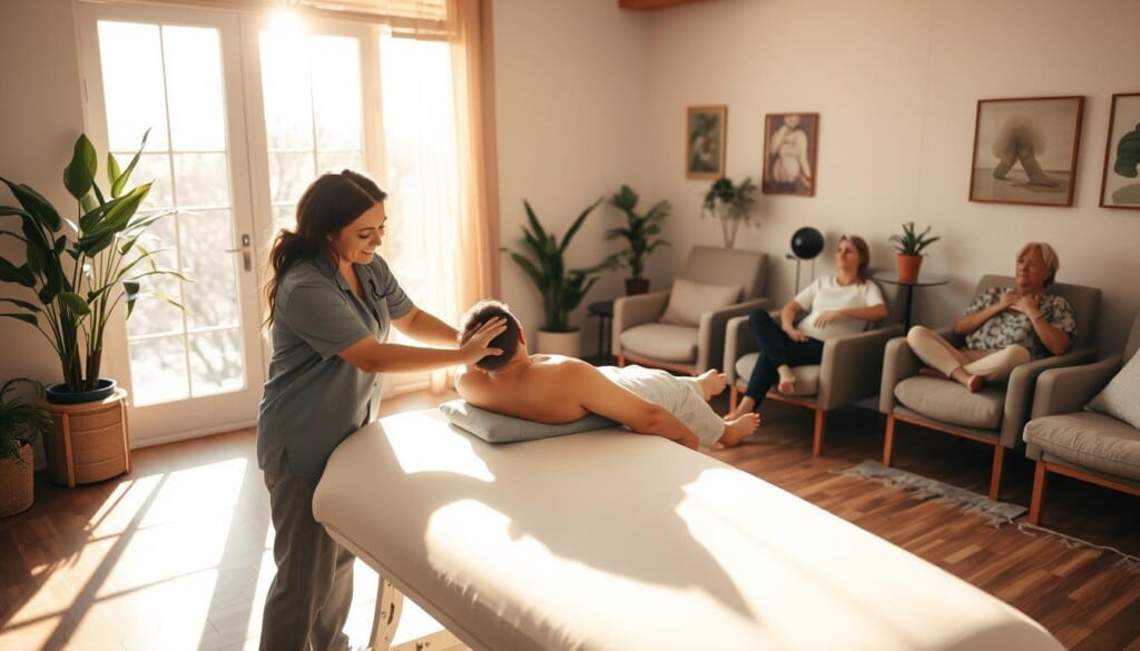 A serene osteopathic clinic, bathed in warm natural light filtering through large windows. In the foreground, a practitioner gently manipulates the spine of a patient lying on a treatment table, their expressions conveying a sense of calm and trust. In the middle ground, other patients recline on cushioned chairs, engaged in relaxing activities like reading or deep breathing. The background depicts soothing earth-toned decor, with plants and calming artwork adorning the walls, creating an atmosphere of holistic well-being. The overall scene captures the essence of an osteopathic approach to health, emphasizing the integration of the body, mind, and spirit.