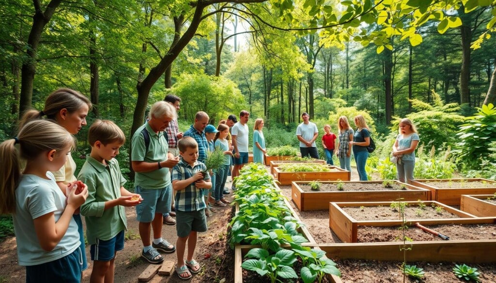 A serene outdoor classroom surrounded by lush greenery, with students and teachers engaged in hands-on environmental education activities. In the foreground, a group of children are examining plant specimens and soil samples under the guidance of an enthusiastic instructor. In the middle ground, a demonstration of sustainable gardening techniques is taking place, with participants carefully tending to raised garden beds. The background features a picturesque forest, with dappled sunlight filtering through the canopy, creating a warm and inviting atmosphere. The scene is captured with a wide-angle lens, conveying a sense of immersion and connection with the natural world.