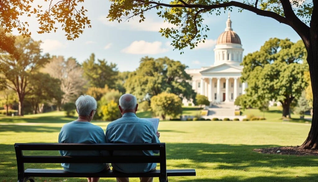 A serene outdoor scene depicting the essential federal programs supporting seniors in America. In the foreground, an elderly couple sits on a park bench, studying paperwork related to their Social Security benefits and Medicare coverage. The middle ground shows a modern government building, its architecture blending classical and contemporary styles, symbolizing the institutions administering these crucial programs. In the background, a lush green landscape with trees and a clear blue sky creates a calming, nature-inspired atmosphere. Soft, warm lighting casts a gentle glow, conveying a sense of security and well-being. The scene evokes a feeling of trust and reliability in the government's role in providing for the needs of senior citizens.