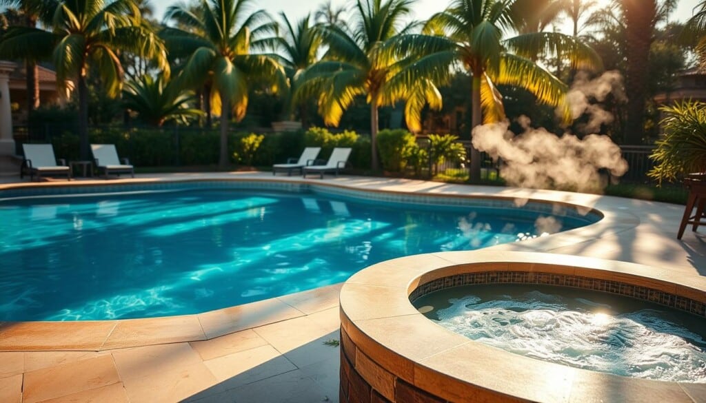 A serene outdoor scene featuring a luxurious in-ground swimming pool and a sunken hot tub in the foreground. The pool is surrounded by a well-manicured patio with lounge chairs, while the hot tub is nestled in a private corner, steam rising gently. Dappled sunlight filters through lush palm trees in the background, creating a warm, relaxing atmosphere. The camera angle showcases the distinct features and proportions of each water feature, allowing for a clear visual comparison. The image conveys the high-end, resort-like ambiance of a premium home entertainment space.
