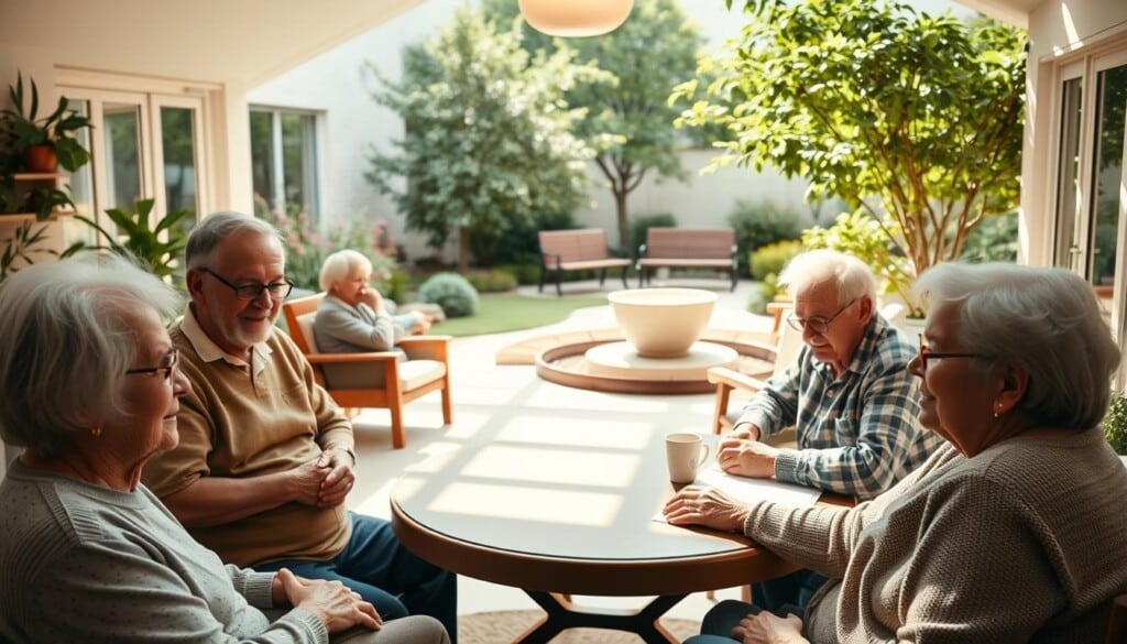 A serene senior care facility, with a warm, inviting atmosphere. In the foreground, a group of elderly individuals engaged in a group therapy session, their faces expressing a sense of peace and contentment. The middle ground features a cozy lounge area where seniors are relaxing, reading, or engaging in board games, surrounded by natural light streaming through large windows. In the background, a tranquil outdoor garden with lush greenery, benches, and a calming water feature, where seniors can stroll and find solace. The lighting is soft and diffused, creating a soothing ambiance. The overall scene conveys the positive impact of quality geriatric care on the mental well-being and quality of life for older adults.