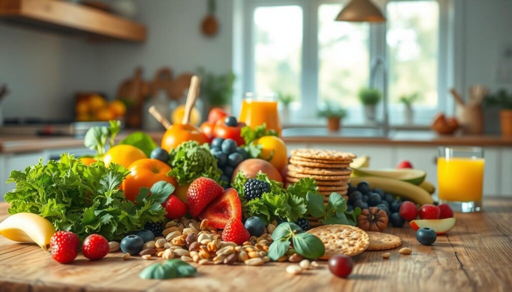 A serene, softly lit kitchen scene featuring an array of vibrant, fresh ingredients typical of a gluten-free diet. In the foreground, an array of colorful fruits and vegetables - crisp greens, juicy berries, crunchy nuts and seeds - artfully arranged on a rustic wooden table. In the middle ground, a stack of whole grain gluten-free crackers and a glass of fresh-squeezed fruit juice, highlighting the natural, unprocessed nature of a gluten-free lifestyle. The background is bathed in warm, natural sunlight filtering through a large window, creating a sense of warmth and wellness. The overall mood is one of health, vitality and a reconnection with nature's bounty.