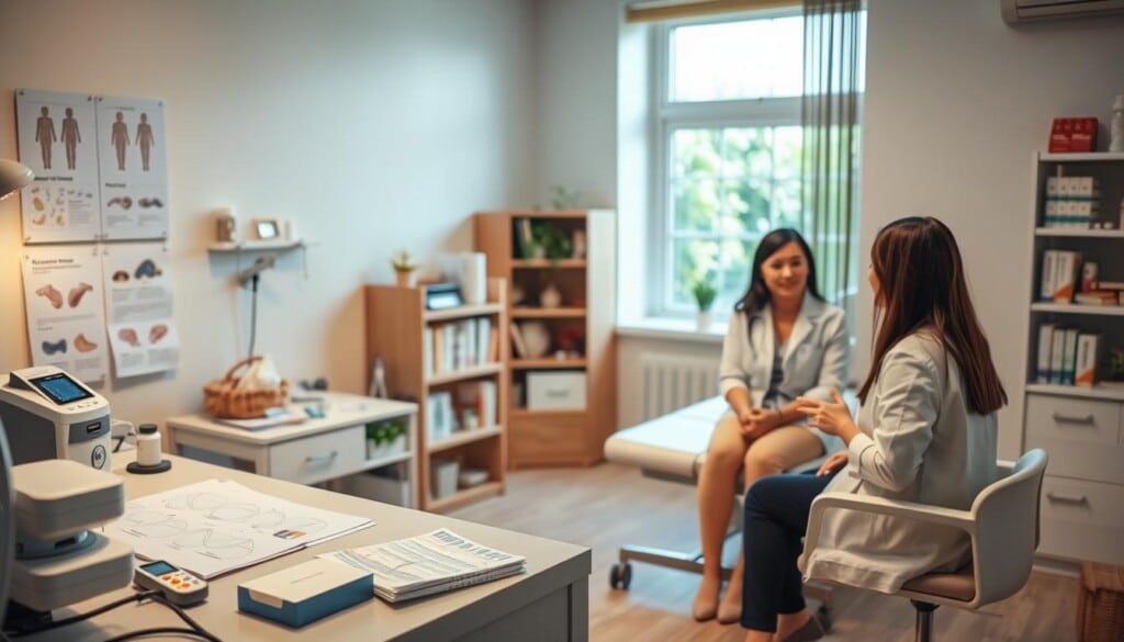 A serene, softly lit medical office with a warm, comforting atmosphere. In the foreground, a doctor speaking with a patient, gesturing compassionately. On the desk, medical equipment and diagrams illustrating fertility treatments. The middle ground features an examination table and display of various fertility medications and supplements. In the background, a bookshelf with medical texts and a window overlooking a tranquil garden, conveying a sense of hope and healing. The overall mood is one of professionalism, care, and a collaborative approach to addressing fertility challenges.
