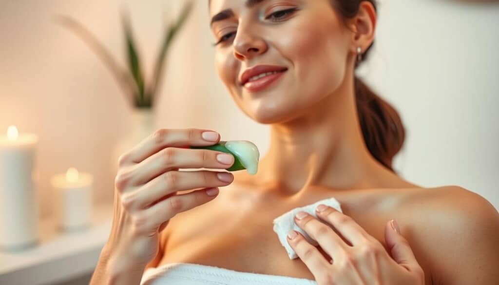 A serene spa-like setting, a person gently applying a soothing aloe vera gel to their freshly treated skin. Soft, diffused lighting casts a warm glow, creating a calming atmosphere. The person's expression is one of relief and comfort as they carefully follow post-treatment care instructions. The background features a minimalist, neutral-toned decor, allowing the focus to remain on the self-care ritual. Subtle textures and details, such as the smoothness of the skin and the viscosity of the gel, add depth and realism to the scene. The overall mood is one of tranquility and well-being, reflecting the importance of proper aftercare in the laser hair removal process.