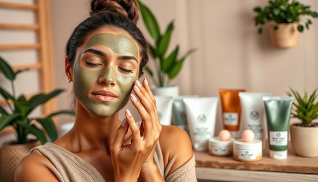 A serene spa-like setting showcasing cruelty-free beauty practices. In the foreground, a woman's hands gently apply a natural face mask made with organic plant extracts. Behind her, an array of The Body Shop's iconic eco-friendly products are neatly displayed, including hand creams, bath bombs, and body butters in earthy tones. The background features a soothing, minimalist interior with natural wood accents, soft diffused lighting, and potted green plants, evoking a sense of tranquility and wellness. The overall mood is one of mindful self-care and ethical consumerism.