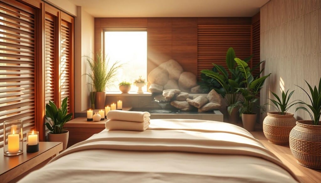 A serene spa setting, sunlight filtering through slatted windows, casting a warm glow on plush towels and essential oil diffusers. In the foreground, a massage table draped with soft linens, awaiting a rejuvenating treatment. Aromatherapy candles flicker, their scents wafting through the air, inviting deep relaxation. The middle ground features sleek wooden accents and a soothing water feature, its gentle sounds promoting mindfulness. In the background, potted plants and natural textures create a tranquil, earthy ambiance, transporting the viewer to a peaceful oasis of well-being. A holistic, sensory experience that elevates the spa visit into a transformative journey of self-care.