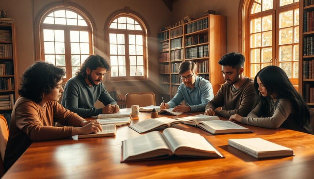 A serene study room with warm, natural lighting pouring in through large windows. A group of diverse individuals sitting around a wooden table, deep in discussion over open Bibles and study materials. Soft, contemplative expressions on their faces as they engage with the scriptures, their knowledge and understanding of the text visibly deepening. Shelves of religious books line the walls, creating a cozy, scholarly atmosphere. Rays of sunlight filter through the windows, casting a golden glow over the scene, symbolizing the illumination of the spirit. A peaceful, introspective mood pervades the space, inviting the viewer to join in the thoughtful examination of the word.