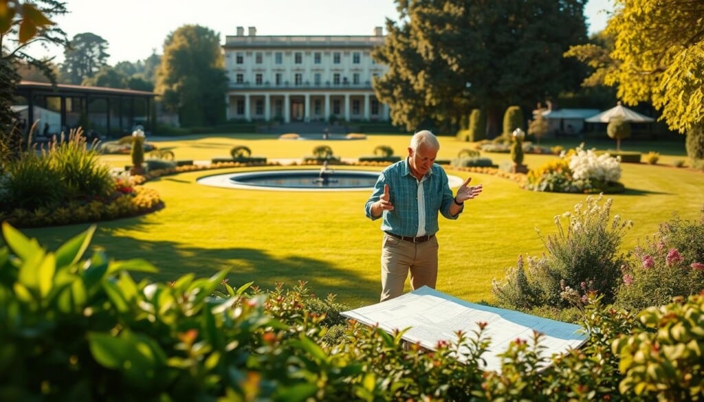 A serene, sun-dappled garden setting, with a central focus on a couple deeply engaged in discussion. In the foreground, they stand amidst lush, vibrant greenery, gesturing animatedly as they carefully consider landscape plans spread out before them. The middle ground features a neatly manicured lawn, dotted with flowering plants and a tranquil water feature. In the background, a sprawling estate with classical architectural details provides a stately backdrop. Warm, golden lighting filters through the scene, creating a sense of contemplation and thoughtful decision-making. The overall mood is one of collaboration, expertise, and the careful crafting of an idyllic outdoor space.