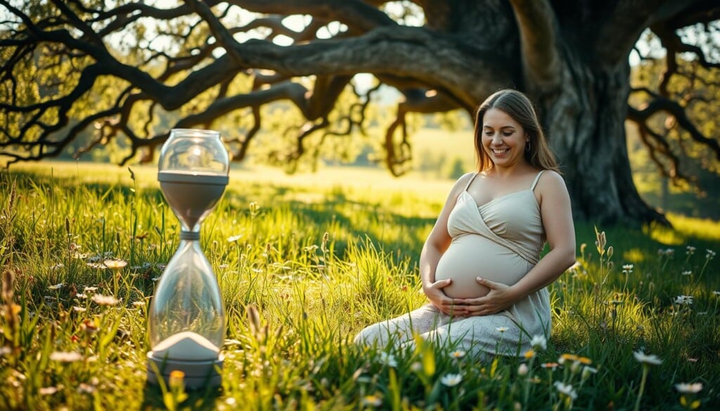 A serene, sun-dappled meadow, lush with wildflowers and verdant grass. In the foreground, an hourglass rests on the ground, its sand slowly trickling, symbolizing the passage of time and the ephemeral nature of fertility. In the middle ground, a woman, her face radiant with a gentle smile, tenderly cradles her belly, her expression reflecting the beauty and wonder of the reproductive cycle. Behind her, an ancient oak tree stands tall, its gnarled branches reaching skyward, a testament to the enduring power of nature. Soft, warm lighting illuminates the scene, creating a sense of timelessness and tranquility. The overall mood is one of reverence, contemplation, and the delicate balance between age and fertility.