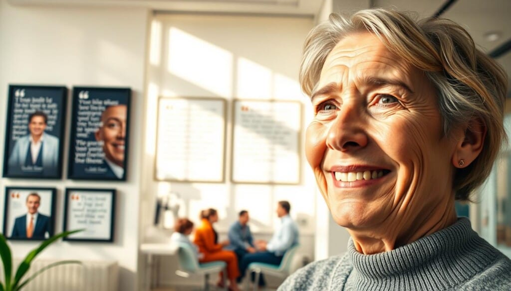 A serene, sun-dappled ophthalmology clinic, its walls adorned with framed patient testimonials. In the foreground, a close-up portrait of a satisfied patient, their eyes sparkling with gratitude. The middle ground features a diverse group of individuals, each sharing their positive experiences with the clinic's skilled doctors and attentive staff. The background showcases the clinic's modern, well-equipped examination rooms, conveying a sense of professionalism and care. The lighting is warm and natural, creating a welcoming atmosphere that invites the viewer to imagine themselves as part of this community of satisfied patients.
