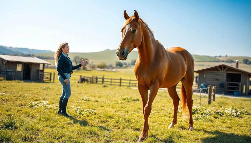 A serene, sun-dappled paddock, lush with verdant grass and dotted with wildflowers. In the foreground, a graceful, muscular horse stands calmly, its chestnut coat gleaming in the warm light. A potential rider, dressed in practical riding gear, approaches cautiously, hand outstretched, meeting the horse's gentle gaze. The rider's expression is one of contemplation, carefully considering the horse's temperament and suitability. In the middle ground, the stables and tack room beckon, hinting at the preparations needed to embark on a fulfilling equestrian journey. The background is a rolling, pastoral landscape, with distant hills and a clear, azure sky, conveying a sense of tranquility and boundless possibilities.