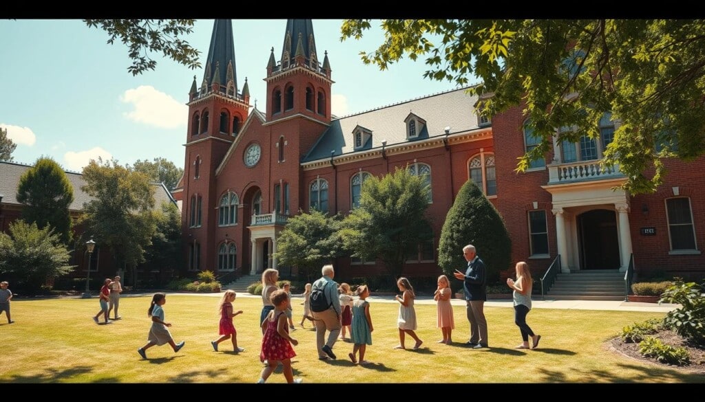 A serene, sun-dappled schoolyard with children playing happily, surrounded by a stately brick building adorned with ornate architectural details. Towering steeples rise majestically in the background, their gleaming crosses catching the warm light. Lush foliage and a well-tended garden create a peaceful, inviting atmosphere. A group of community members and school administrators converse earnestly, discussing funding options and financial considerations to support the institution's continued growth and success. Soft, diffused lighting casts a contemplative glow, hinting at the deeper significance of this religious educational establishment within the broader community.