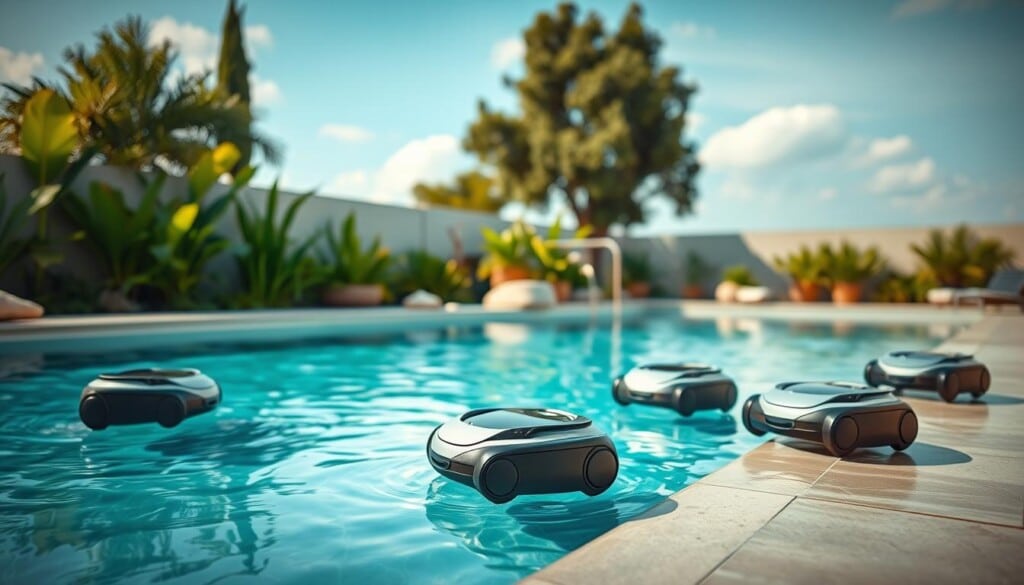 A serene, sun-drenched backyard with an inviting pool. In the foreground, a group of sleek, eco-friendly pool cleaners -- autonomous robots with organic, minimalist designs. The robots glide effortlessly across the pool's surface, their movements graceful and efficient. In the middle ground, lush, verdant plants and natural stone accents create a soothing, natural ambiance. The background features a cloudless sky, with soft, diffused lighting casting a warm glow over the entire scene. An atmosphere of sustainability, harmony, and relaxation pervades the image.