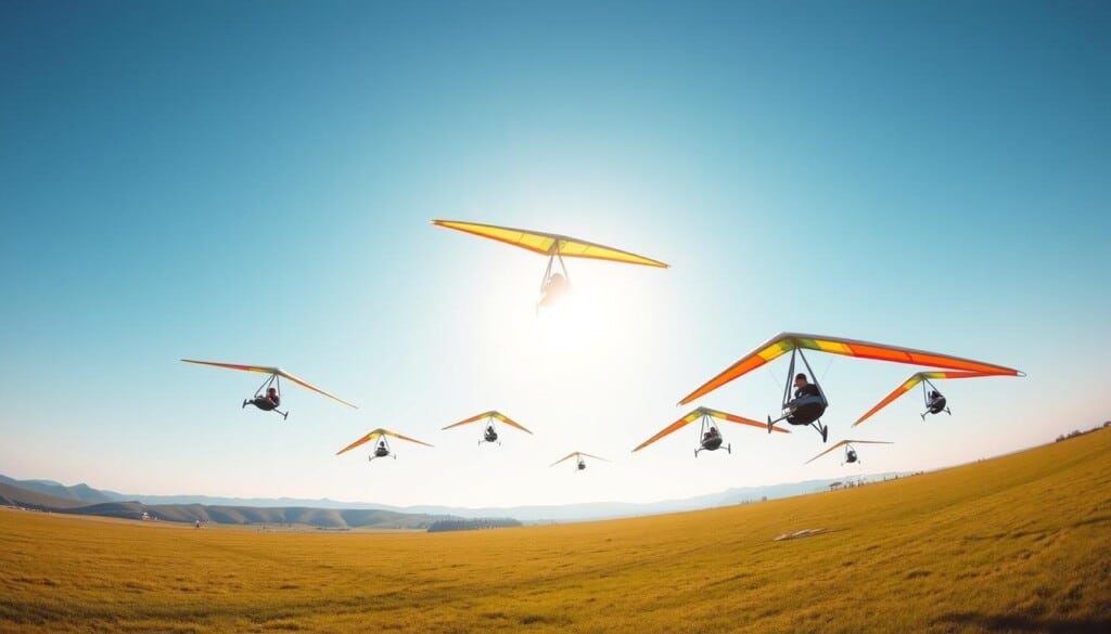 A serene, sun-drenched field with rolling hills in the distance. In the foreground, a group of aspiring hang glider pilots take flight, gliding gracefully through the air, their colorful wings outstretched against the clear blue sky. The scene is captured with a wide-angle lens, revealing the vast expanse of the training grounds and the trainees' focused expressions as they navigate the currents and perfect their techniques. The overall mood is one of exhilaration and adventure, inviting the viewer to imagine the thrill of soaring freely through the skies.