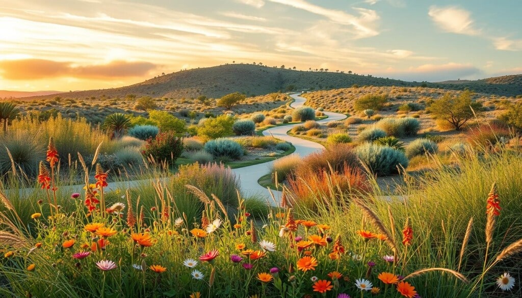 A serene, sustainable landscape emerges, showcasing the 2023 trends in landscape architecture. In the foreground, a lush garden bed overflows with vibrant, native wildflowers and grasses swaying gently in the breeze. The middle ground features a meandering pathway leading through a tranquil, water-wise xeriscape, dotted with drought-tolerant shrubs and trees. In the background, a gently sloping hill is crowned with a diverse, natural woodland, bathed in warm, golden hour light filtered through wispy clouds. The scene conveys a harmonious balance between human design and the beauty of the natural world, inspiring a vision of eco-friendly, regenerative outdoor spaces.