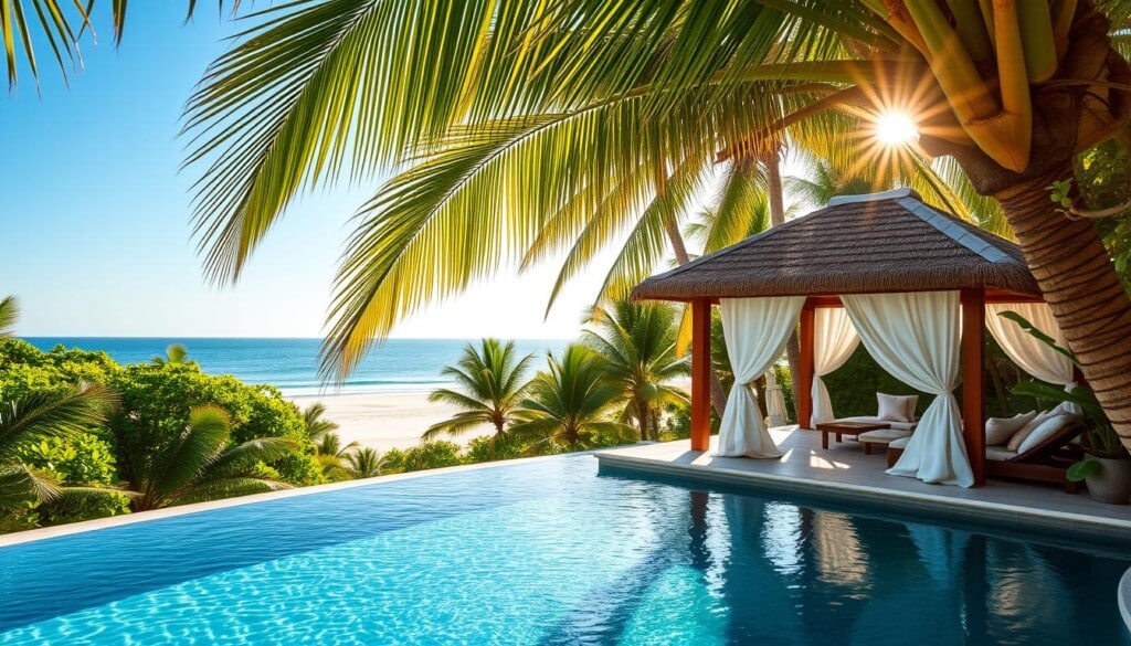 A serene, tropical resort nestled within lush, verdant foliage. Sunlight filters through swaying palm fronds, casting a warm, golden glow over the scene. In the foreground, a tranquil infinity pool reflects the azure sky, its glimmering surface inviting guests to dive in and cool off. Beyond the pool, a luxurious cabana sits under a thatched roof, its plush cushions and airy curtains beckoning visitors to relax and unwind. In the distance, a pristine white-sand beach stretches out, the gentle lapping of waves creating a soothing soundtrack. The entire setting exudes a sense of peaceful escapism, a true oasis of relaxation and rejuvenation.