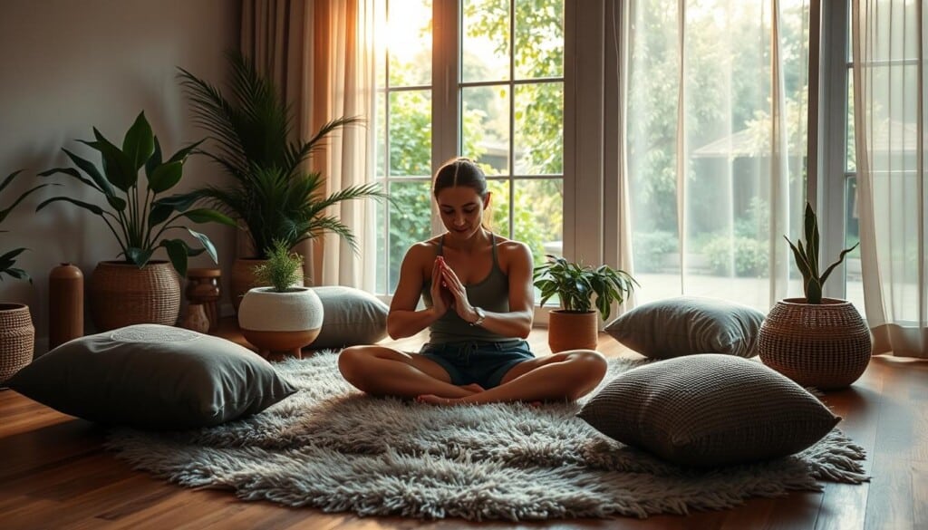 A serene, warm-lit studio setting with a person sitting cross-legged on a plush rug, focused on massaging their feet. Plush cushions and plants surround them, creating a calming, spa-like atmosphere. Soft, diffused lighting casts a gentle glow, highlighting the textures of the wooden floor and natural elements. In the background, a large window overlooking a lush garden, the sun's rays filtering through sheer curtains. The person's expression is one of deep relaxation, their movements fluid and intentional as they apply pressure to specific points on their feet, integrating reflexology into their wellness routine.