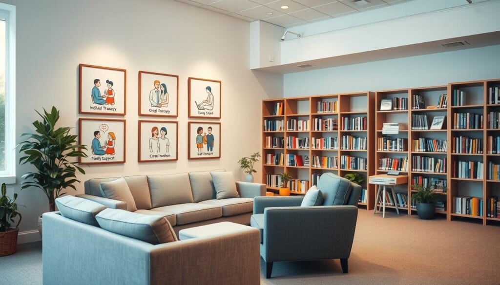 A serene, warmly lit office space with a variety of mental health support resources. In the foreground, a comfortable couch and armchair arrangement invites visitors to relax and feel at ease. On the walls, framed illustrations depict different types of support services, such as individual counseling, group therapy, family support, and crisis intervention. Bookshelves line the background, filled with self-help guides and resources. Soft, natural lighting filters through large windows, creating a calming, therapeutic atmosphere. The overall scene conveys a sense of safety, care, and the diverse options available for those seeking mental health support.