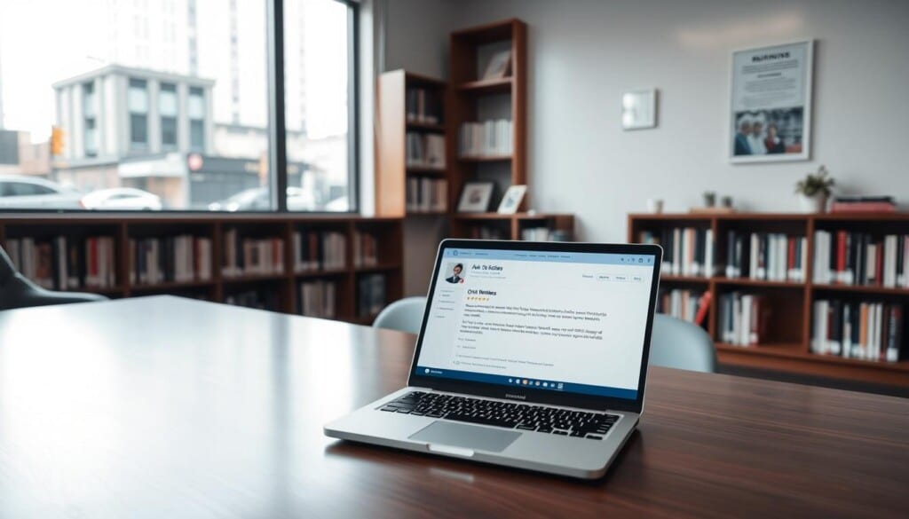 A serene, well-lit doctor's office, with a large desk in the foreground, showcasing a laptop displaying a web page of positive reviews and high ratings for a general practitioner. In the middle ground, bookshelves line the walls, adding a professional touch. The background features a large window overlooking a bustling city street, creating a calming contrast. The overall atmosphere is one of trust, competence, and attention to detail, reflecting the high-quality healthcare services provided by the doctor.