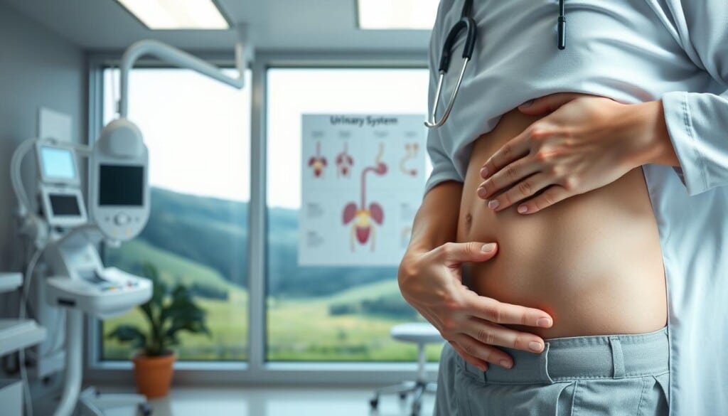 A serene, well-lit examination room with modern, clean medical equipment. In the foreground, a doctor's hands gently examining a patient's abdomen, conveying a sense of care and attentiveness. The middle ground features anatomical diagrams and illustrations highlighting the urinary system, its function, and common conditions. The background showcases a calming, natural landscape through a large window, symbolizing the harmony between medical expertise and holistic well-being. Lighting is soft and diffused, creating a soothing, professional atmosphere that emphasizes the importance of urological health awareness.