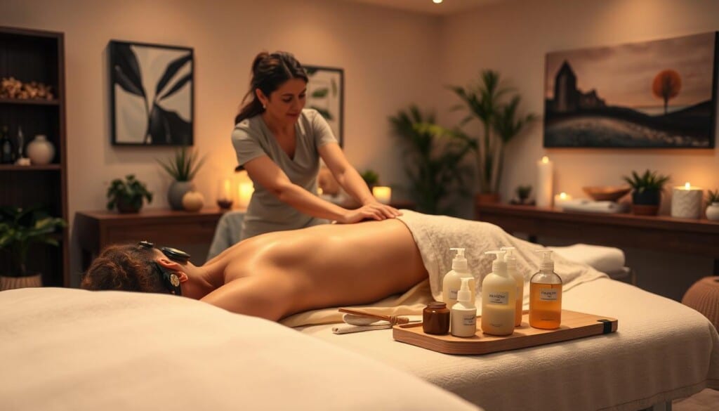 A serene, well-lit massage therapy room with soft, warm lighting. In the foreground, a massage therapist's hands delicately manipulating the back and shoulders of a relaxed client lying on a padded massage table. In the middle ground, an array of massage oils, lotions, and tools displayed neatly on a side table. The background features calming, nature-inspired decor such as potted plants, soothing artwork, and a zen-like atmosphere. The overall mood is one of tranquility, comfort, and personalized care.