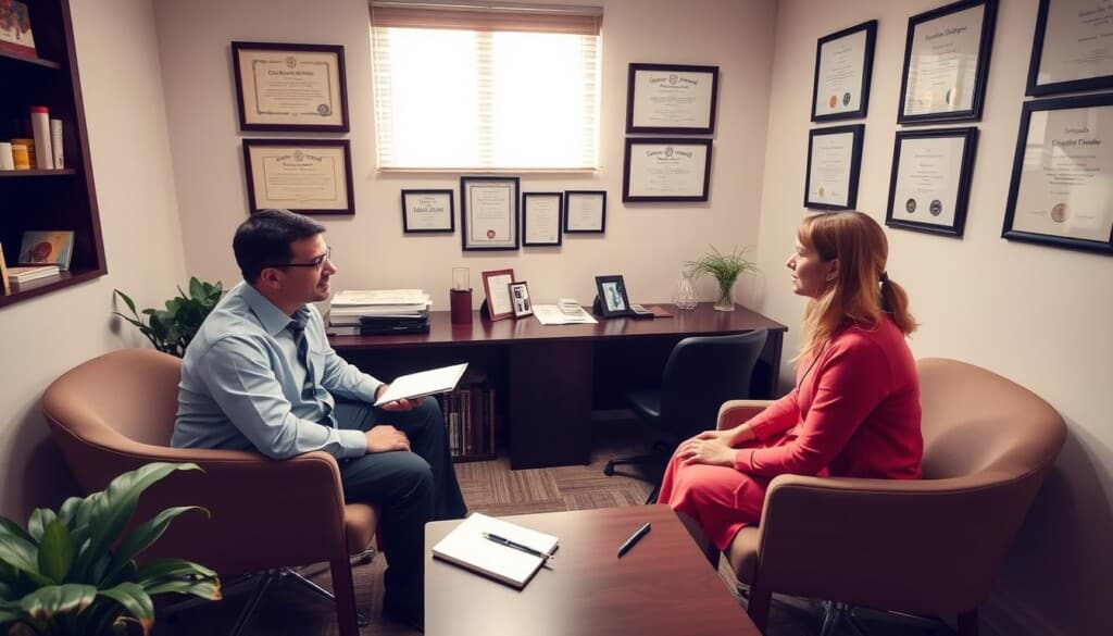 A serene, well-lit office setting with comfortable chairs, a desk, and various therapeutic tools like notebooks, pens, and a plant. A psychiatrist sits across from a patient, engaged in a thoughtful discussion, their expressions conveying empathy and attentiveness. The walls feature diplomas and certifications, instilling a sense of professionalism and expertise. The overall atmosphere is one of trust, safety, and the promise of personalized mental health care.
