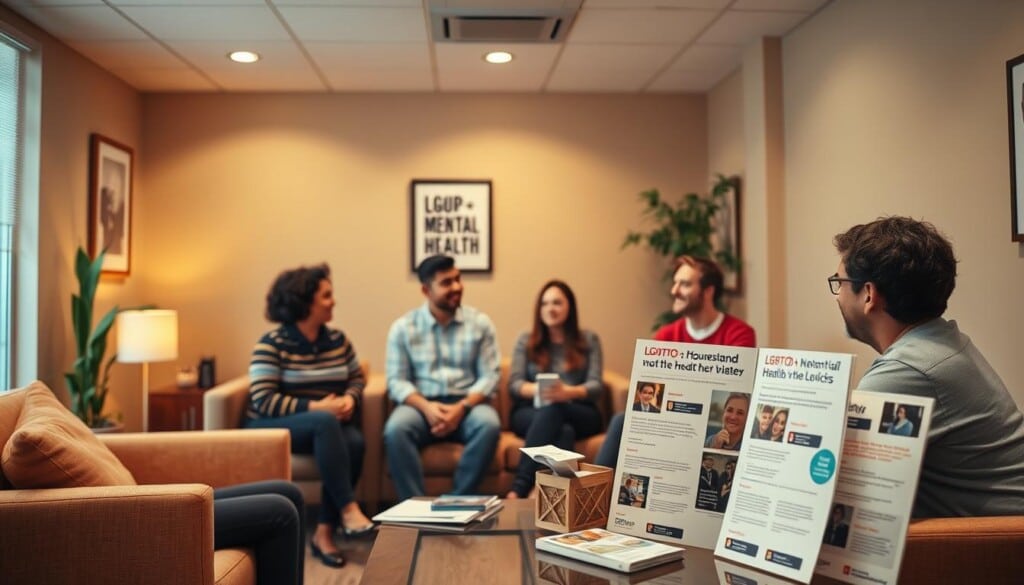 A serene, well-lit office space with comfortable seating and soothing decor, conveying a sense of safety and support. In the foreground, a diverse group of individuals engages in a supportive counseling session, their expressions reflecting a sense of openness and trust. In the middle ground, an array of brochures and informational materials on LGBTQ+ mental health services are displayed, providing a sense of the resources available. The background features warm, muted tones and soft lighting, creating an atmosphere of understanding and empathy.