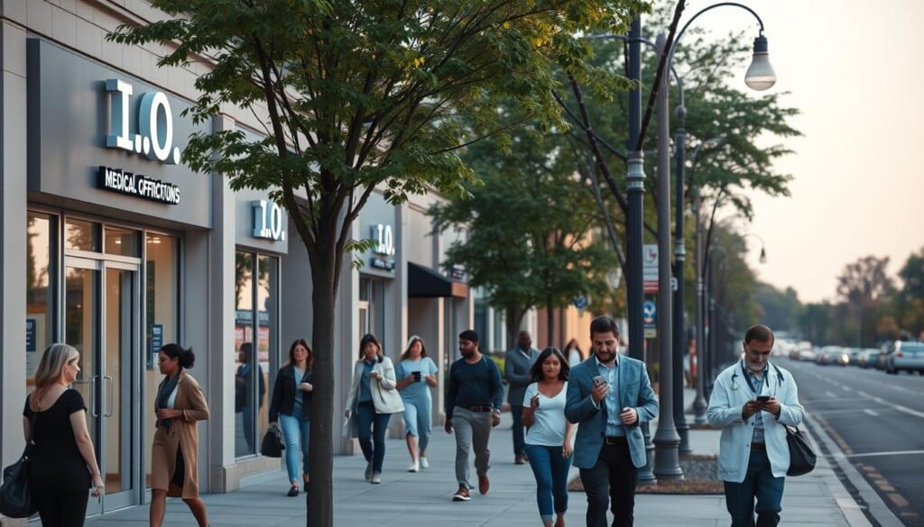A serene, well-lit street scene, with a row of modern medical office buildings lining the sidewalk. The buildings have distinct "D.O." signage prominently displayed, indicating they are Osteopathic physician practices. People of diverse ages and backgrounds are walking along the sidewalk, some entering the buildings, others consulting their phones, suggesting they are searching for or visiting the local Osteopathic doctors. The image conveys a sense of accessibility, professionalism, and community, inviting the viewer to explore the benefits of Osteopathic medicine in their own neighborhood.