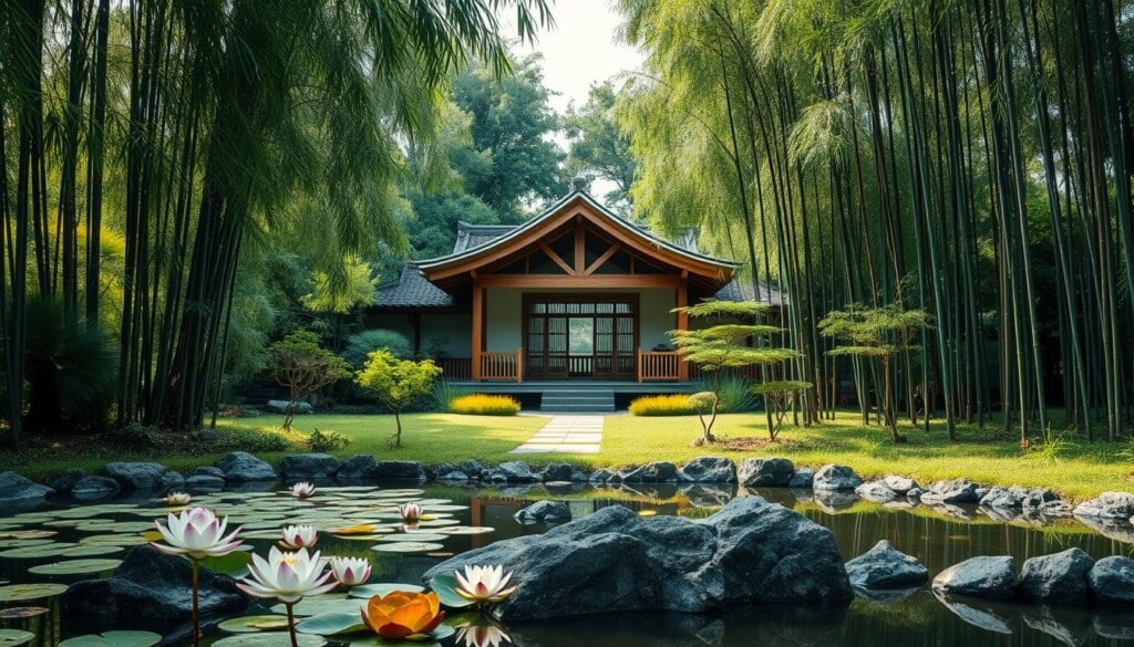 A serene, zen-inspired meditation center nestled in a lush, verdant landscape. The foreground features a tranquil pond with floating lotus blossoms, surrounded by a meticulously maintained rock garden. In the middle ground, a traditional Japanese-style pavilion with a peaked roof and elegant wooden beams stands in harmony with its natural setting. Tall, swaying bamboo groves frame the scene, casting delicate shadows and creating a sense of calm seclusion. The lighting is soft and diffused, evoking a peaceful, contemplative atmosphere. The overall composition emphasizes balance, simplicity, and a deep connection with the natural world, embodying the essence of a true meditation retreat.