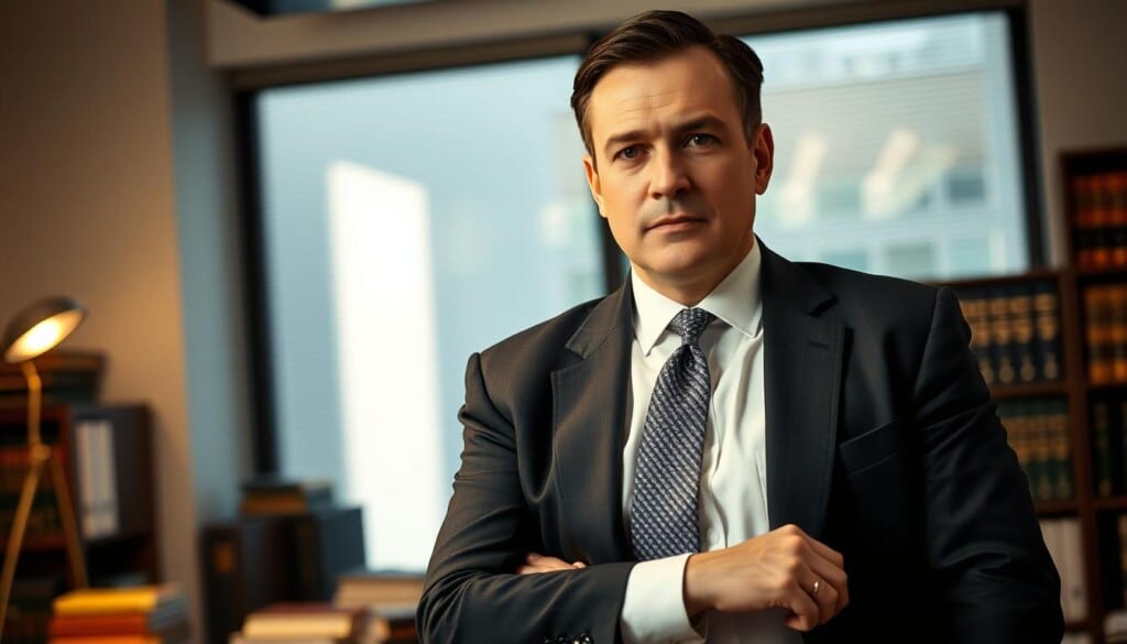 A serious, well-dressed bankruptcy attorney stands confidently in a modern office, surrounded by law books and documents. Soft, directional lighting from a large window casts a warm glow, emphasizing their professional demeanor. The attorney's gaze is focused and determined, conveying their expertise and dedication to helping clients navigate complex financial challenges. The scene evokes a sense of trust, competence, and the specialized knowledge required to successfully guide individuals or businesses through the bankruptcy process.