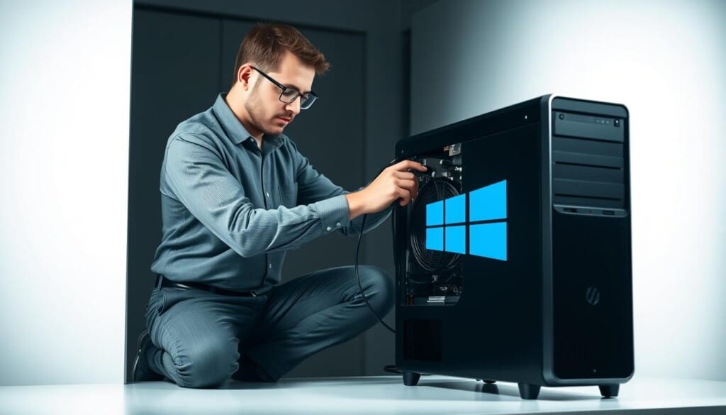 A skilled technician professionally installing a new Windows operating system on a sleek desktop computer. Bright studio lighting illuminates the clean, modern workspace, casting dramatic shadows on the wall behind. The technician, clad in a crisp button-down shirt and slacks, carefully connects cables and installs drivers with precision and care. In the foreground, the latest Windows logo prominently displayed on the computer's housing, symbolizing the expert-level service. The scene conveys a sense of efficiency, reliability, and dedication to providing an exceptional Windows installation experience.