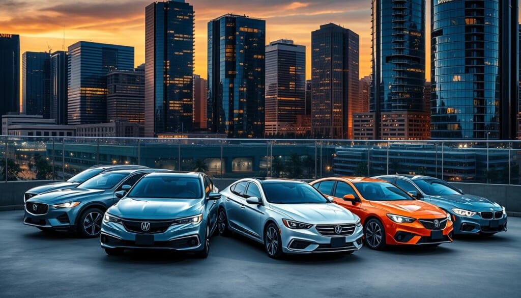 A sleek and modern cityscape with high-rise office buildings in the background, illuminated by warm evening light. In the foreground, a row of shiny, top-of-the-line cars from various leading auto insurance companies, each displayed prominently with their logos and distinct designs. The vehicles are arranged in a dynamic, eye-catching composition, reflecting the competitive and prestigious nature of the car insurance industry. The overall scene conveys a sense of professionalism, innovation, and the importance of reliable insurance coverage for today's discerning drivers.