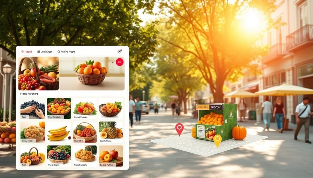 A sleek and modern directory interface showcasing vibrant images of fresh fruit baskets and inviting shop locations. The foreground features a clean grid layout with crisp thumbnails of various fruit basket offerings, while the middle ground displays a 3D map view highlighting local shops. The background showcases a serene, sun-dappled cityscape with leafy trees and pedestrians strolling by, creating a sense of community and accessibility. Warm, natural lighting casts a welcoming glow, and the overall composition uses a harmonious color palette of greens, oranges, and browns to evoke a feeling of freshness and vitality.