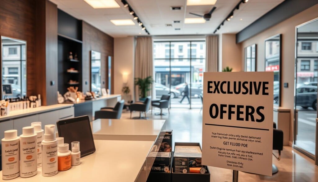 A sleek and modern hair salon interior with a prominent "Exclusive Offers" sign displayed on the front desk. The space is bathed in warm, diffused lighting that creates a welcoming ambiance. In the foreground, a display of premium haircare products and special promotional packages catches the eye. The middle ground features stylish salon chairs, mirrors, and a mix of chic decor elements that convey a sense of luxury and sophistication. The background showcases large windows overlooking a vibrant city street, hinting at the salon's prime location. The overall scene exudes a high-end, invitation-only atmosphere that entices prospective clients to explore the exclusive deals on offer.