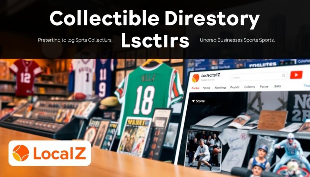 A sleek and modern online business directory for collectible sports items, with a clean and intuitive interface. The foreground showcases the LocalZ logo, a bold typographic design in a warm color palette. In the middle ground, various sports memorabilia are displayed, including signed jerseys, rare trading cards, and vintage collectibles. The background depicts a cityscape, hinting at the local businesses and shops that users can discover through the platform. The scene is illuminated by warm, natural lighting, creating a welcoming and inviting atmosphere for sports enthusiasts to explore the directory and connect with their desired collectibles.
