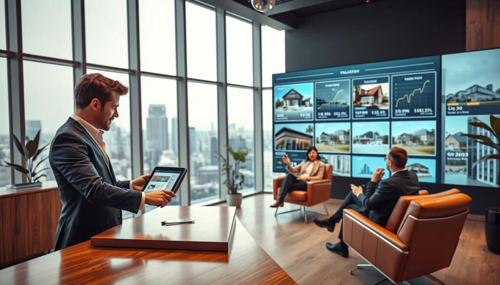 A sleek and modern real estate office interior with large windows overlooking a bustling cityscape. In the foreground, a professional-looking real estate agent stands at a polished wood desk, gesturing towards a tablet displaying detailed property information. The middle ground features clients seated on contemporary leather chairs, engaged in animated discussions. In the background, a large digital display showcases various property listings, with data visualizations highlighting key valuation metrics. Warm lighting, clean lines, and a minimalist color palette convey a sense of efficiency and expertise. The overall scene exudes an atmosphere of precision, transparency, and exceptional service in the realm of property valuations.