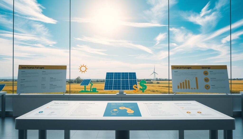 A sleek and modern solar financing hub, showcasing various options laid out in a clean, infographic-style layout. The foreground features a central display table with financial packages, loan terms, and savings calculations. In the middle ground, solar panel icons and dollar sign graphics convey the financial benefits. The background is a serene, sun-drenched landscape with a blue sky and wispy clouds, evoking sustainability and renewable energy. The lighting is soft and diffused, creating a professional, informative atmosphere. The camera angle is slightly elevated, giving an overview of the comprehensive financing solutions.