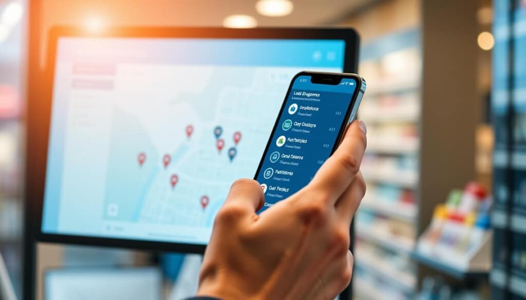 A sleek digital directory interface displaying a vibrant map of local drugstores, each marked with distinct icons. The interface has a minimalist yet intuitive design, with clean typography and a color palette of cool blues and grays to convey a sense of professionalism and reliability. In the foreground, a hand holding a smartphone navigates through the directory, highlighting the user-friendly experience. The background features a softly blurred cityscape, suggesting the local, community-driven nature of the service. Warm, directional lighting emanates from the screen, creating a welcoming and approachable atmosphere. The overall impression is one of a modern, efficient tool that seamlessly connects people to their essential healthcare resources.