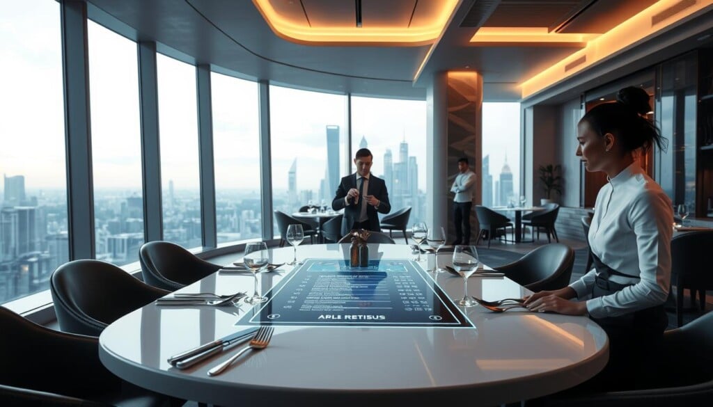 A sleek, futuristic fine dining restaurant set in a minimalist, architectural space. The table is adorned with a holographic projection displaying the menu, and servers use augmented reality to guide guests through the dining experience. In the background, large windows offer a panoramic view of a gleaming, technologically-advanced cityscape. Soft, ambient lighting casts a warm glow, and the overall atmosphere is one of sophisticated elegance and innovation, hinting at the culinary wonders to come.