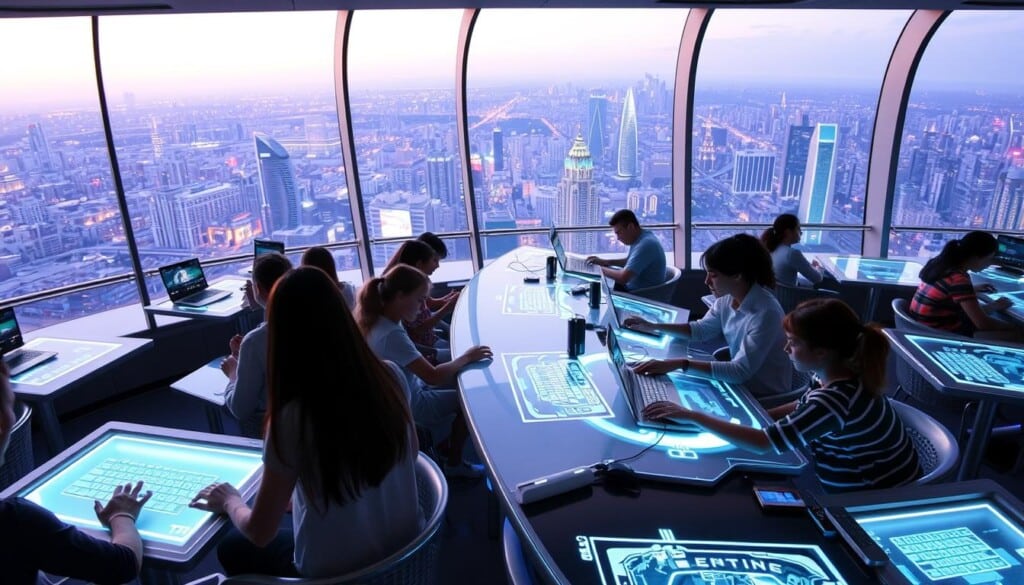 A sleek, futuristic internet cafe with holographic displays, interactive touchscreen tables, and high-tech charging stations. The space is bathed in a soft, ambient glow from the neon-lit workstations and curved, panoramic windows that offer breathtaking views of a bustling cityscape. Patrons of all ages sit intently at their stations, fingers dancing across the holographic keyboards as they immerse themselves in the digital realm. The overall atmosphere is one of innovation, productivity, and a glimpse into the not-so-distant future of public computing spaces.